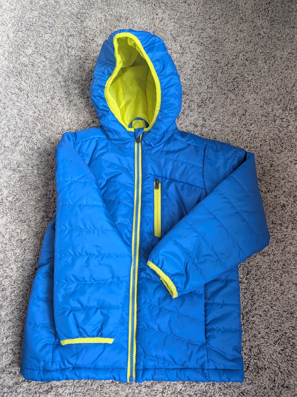 Lands' End Bright Blue Kids Hooded Puffer with Lime Trim